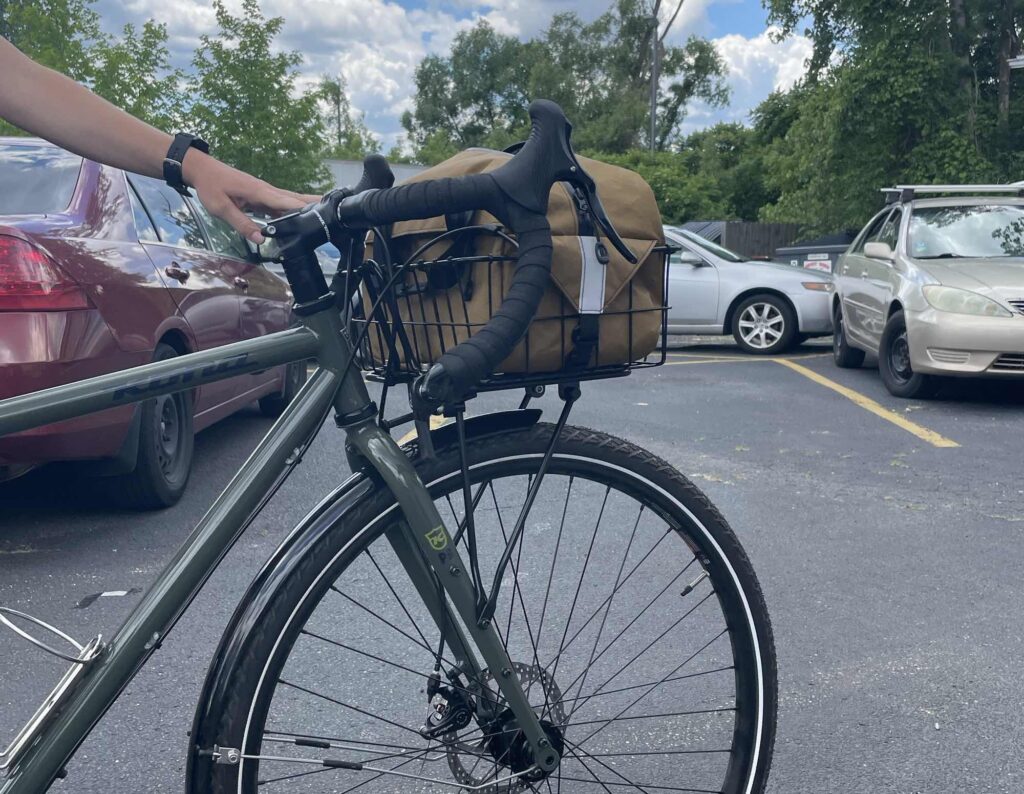 Sarah's bike with rack, basket and bag.